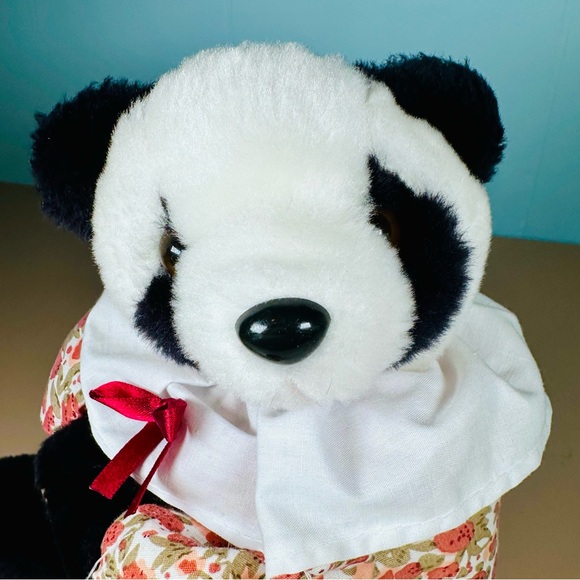 VTG Panda Bear 9” Ribbon Collar Poppies Plush PBC International Stuffed Animal - Picture 2 of 10